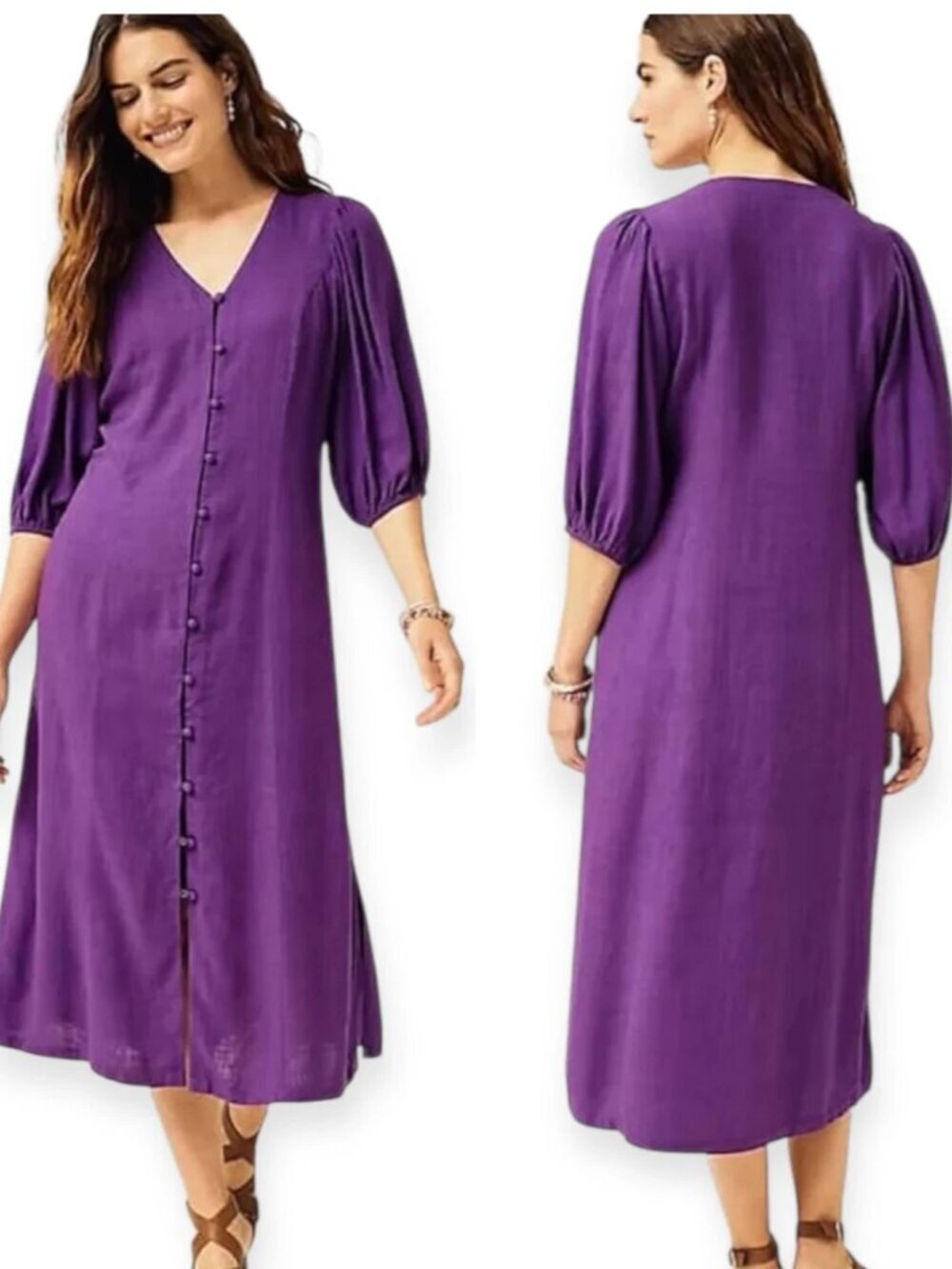 J.Jill Linen Blend Puff Sleeve Midi Shift Dress Purple 4X